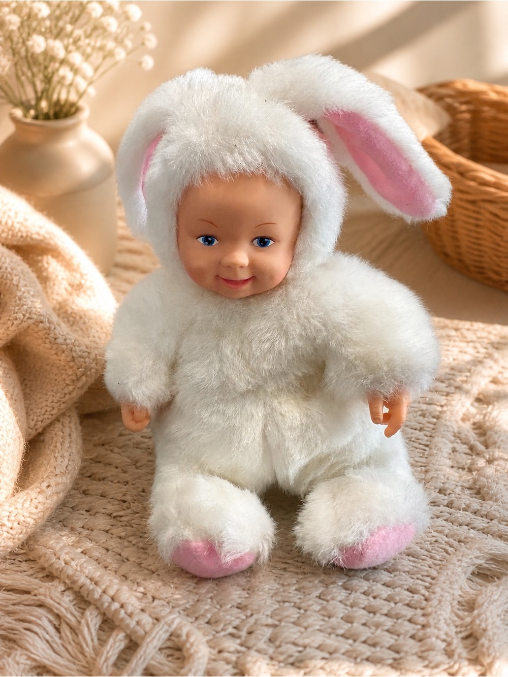 Vintage 1998 Anne Geddes Baby Bunny Doll Plush White Pink Easter Stuffed Toy